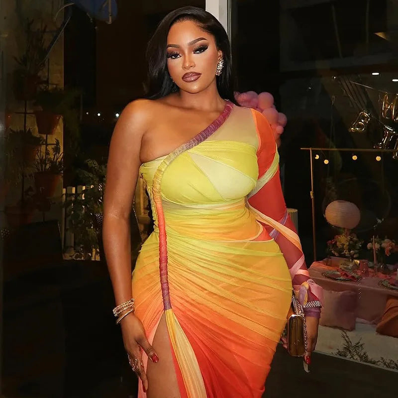 CM.YAYA Summer Women One Full Sleeve Tie Dye Print Midi Dress High Side Split High Waist Night Club Party Dresses Vestidos