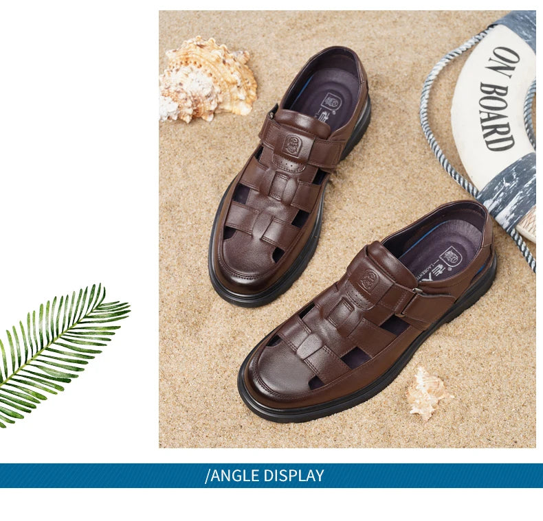 LAORENTOU leather sandals, men's breathable hollow hole shoes, toe wrapped cowhide, anti slip and wear-resistant casual  shoes
