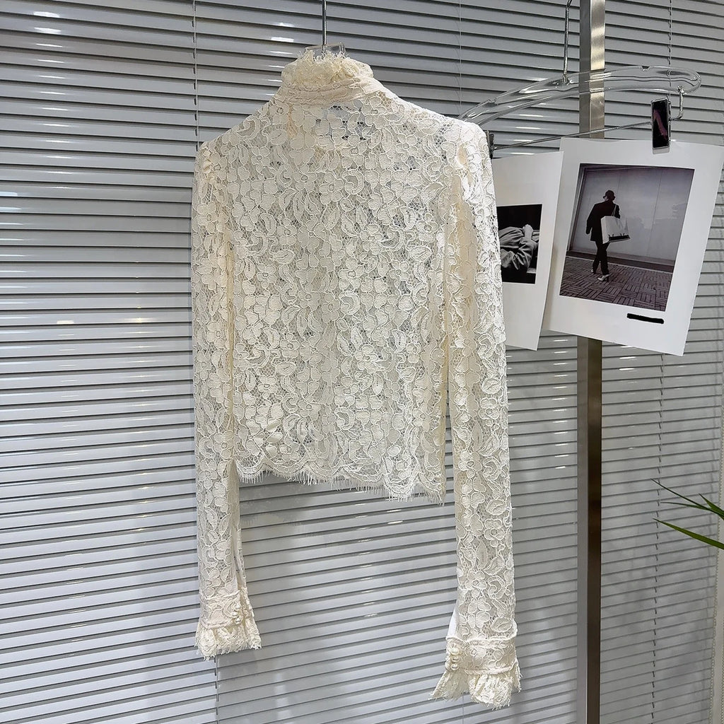 KTCZ Solid Spliced Lace Hollow Out Blouse For Women Long Sleeve Single Breasted Patchwork Print Minimalist Chic Blouse Female