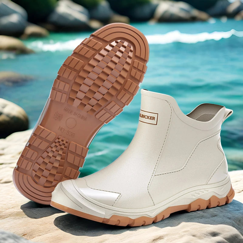 Fashion Contrast Color Black Red Sole Short Rain Boots Men's Outerwear Versatile Non-slip Wading Khaki Rubber Shoes Work Shoes