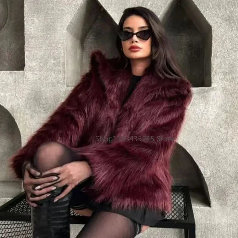 2025 New  Women's Fur Coat Women Plush Burgundy Bomber Jacket Solid Crop Long Sleeve Jacket Warm Winter Coats Woman Casual Coats