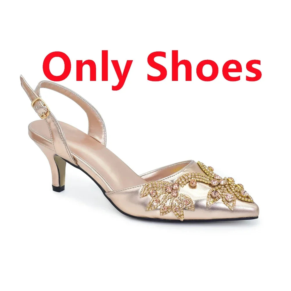New Arrival Elegant Noble Royal Gold Color Party Wedding Pointed Toe High Heel Women Shoes and Bag Set Decorated with Rhinestone