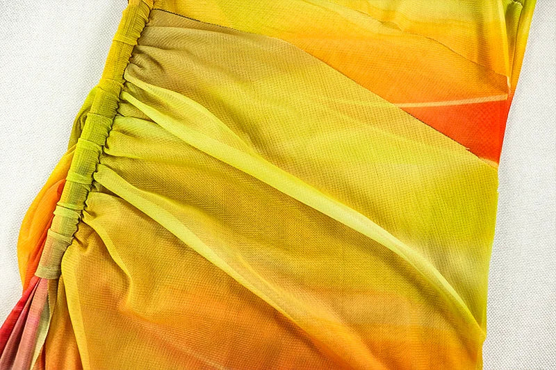 CM.YAYA Summer Women One Full Sleeve Tie Dye Print Midi Dress High Side Split High Waist Night Club Party Dresses Vestidos