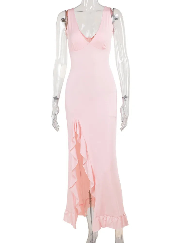 Mozision Elegant Sleeveless Ruffles Sexy Long Dress For Women Summer New Deep V Neck Backless Thigh High Split Maxi Dress