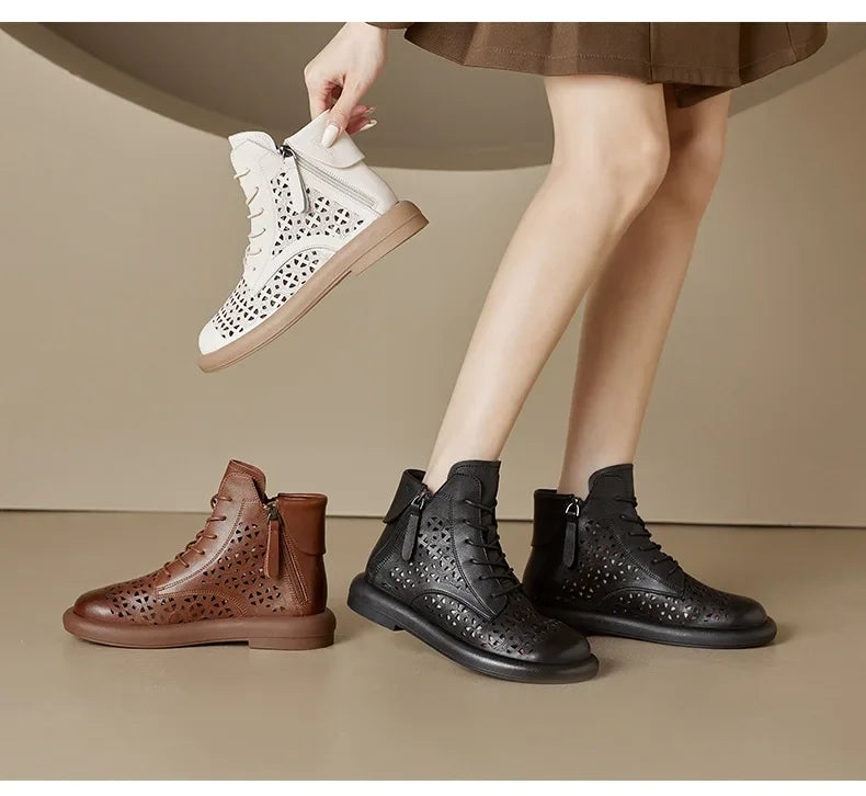 Leather Boots Woman 2025 Retro Leather Hollow Boots for Women Platform-soled Double-side Zipper Casual Short Boots Women's Shoes