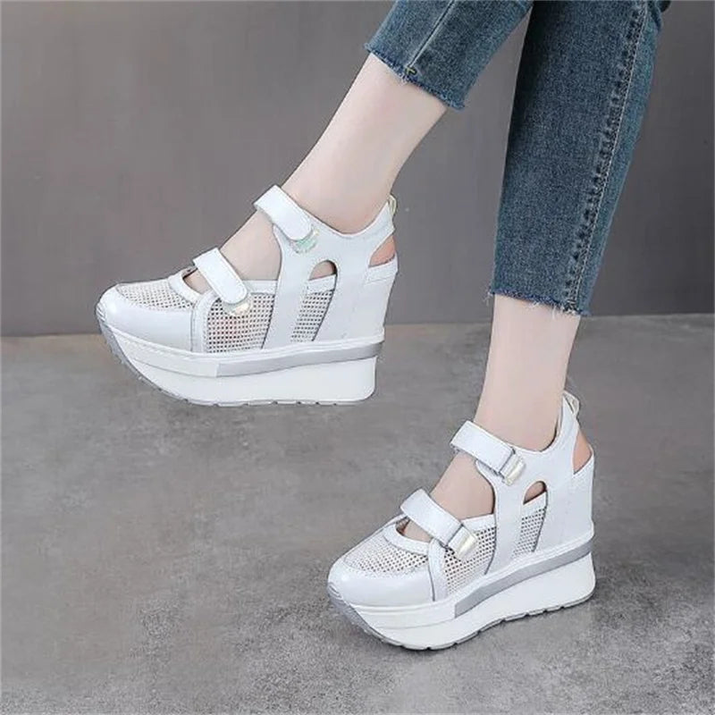 10cm Air Mesh Genuine Leather Platform 2025 Wedge Flats Sneakers Hook Summer Women Comfy Fashion Chunky Sneaker Sandals Shoes