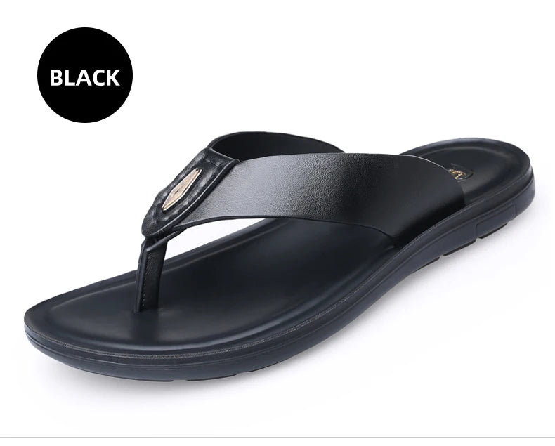 LAORENTOU slippers, men's genuine leather, Korean version, clip on flip flops, men's sandals, cowhide soft sole, anti slip