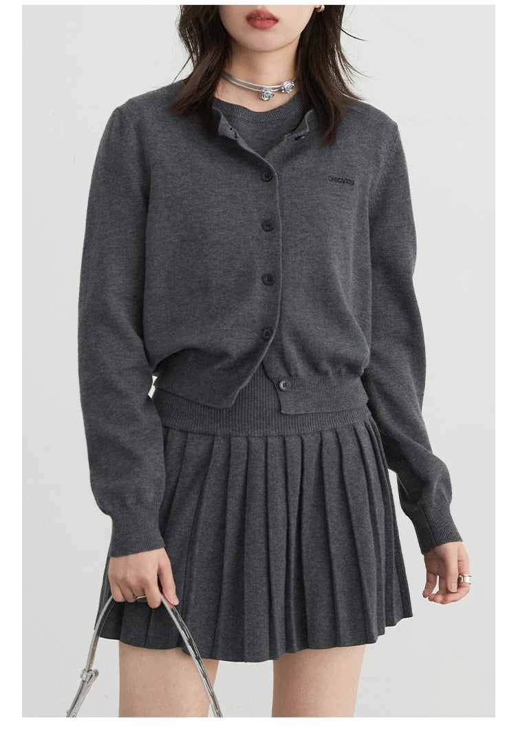 CHIC VEN Women Skirt Sets Solid Knitted Cardigan Short Sleeved Top Female Pleated Skirt Three Piece Optional Spring Autumn 2024