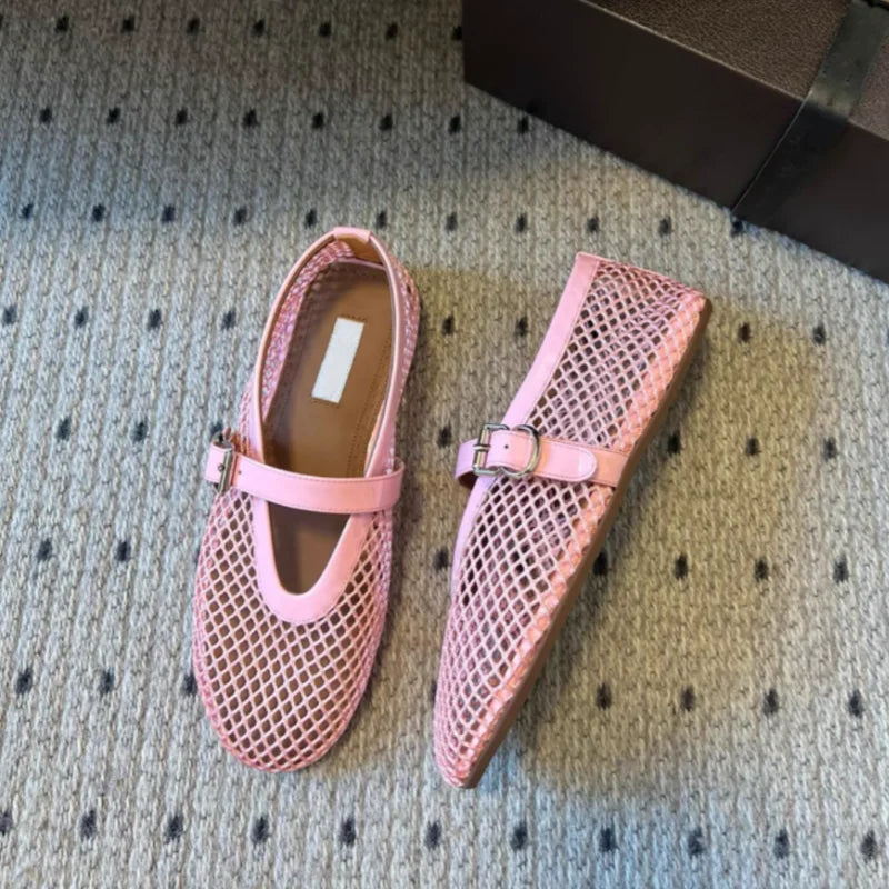 Mesh Buckle Ballet Shoes For Women, High Version 2025 Fairy Hollow Flat Bottom Pink Fishing Net, Mary Jane Single Shoe