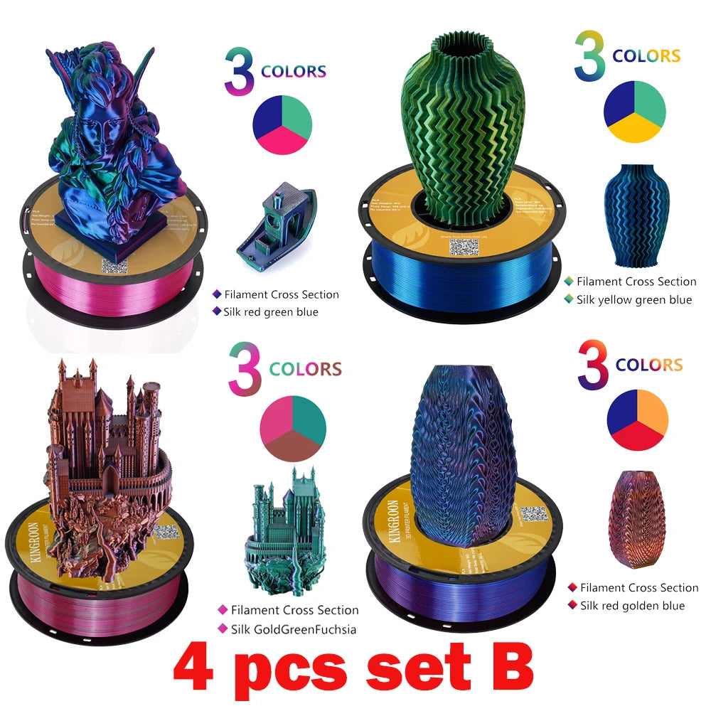 KINGROON Silk Tricolor PLA Filament 3D Printer 1.75mm 2.2 /8.8 lbs Silk PLA Filament Plastic Materials 3D Printing Special Color