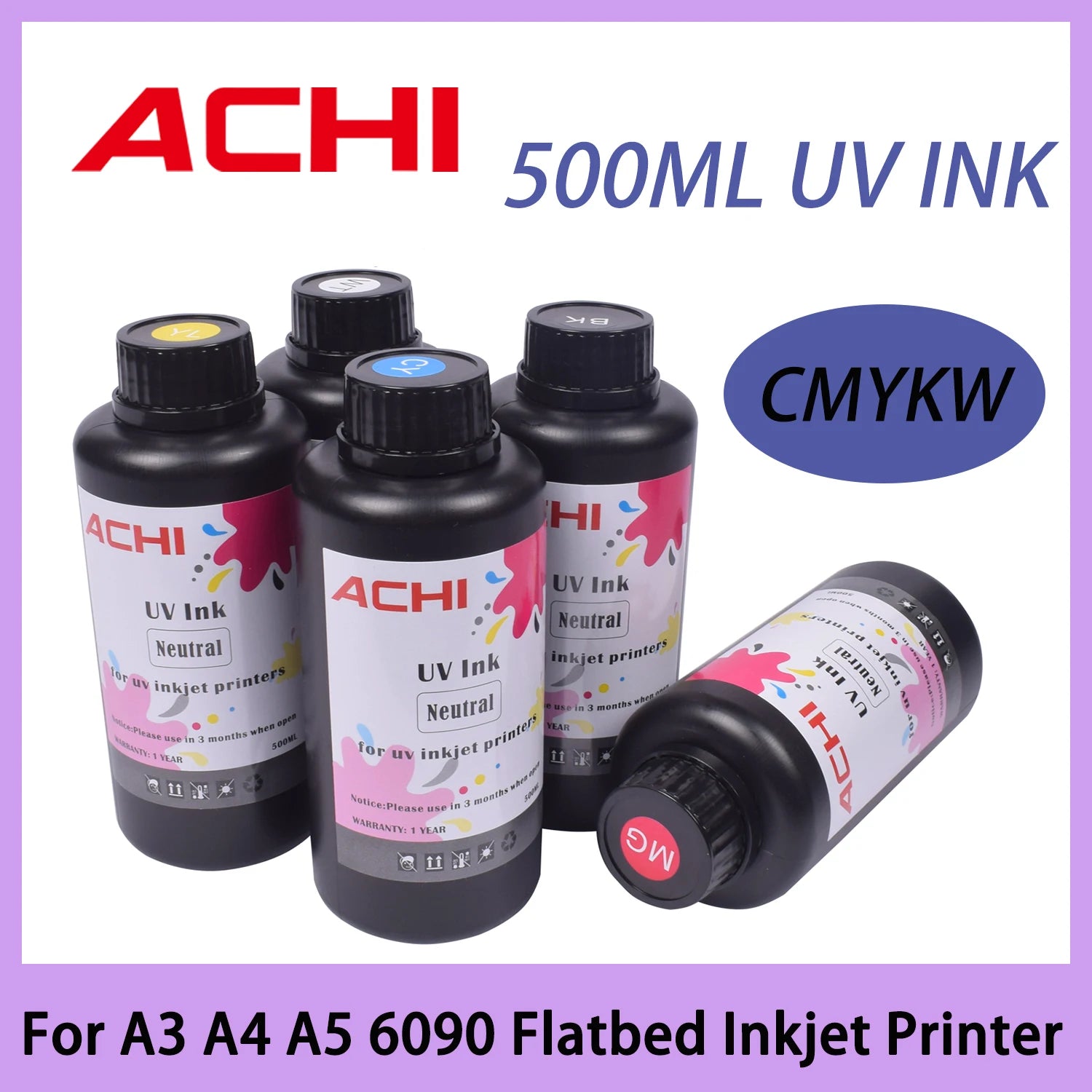 CMYKW 5*500ML UV Ink for R1390 L800 XP600 TX800 Printhead for UV A3 A4 A5 6090 Flatbed Inkjet Printer US Stock