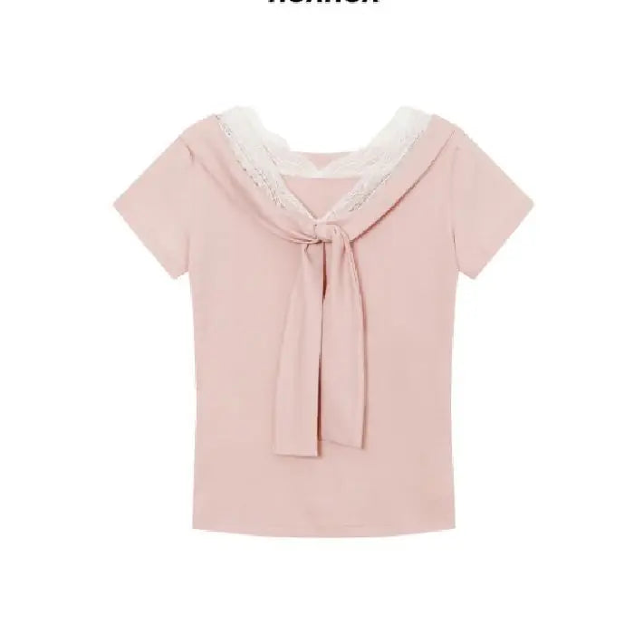 Summer V-Neck Fashionable Lace T-shirts Elegant Bandage Women's Clothing Solid Color Basic Short Sleeve Slim Vintage Pullovers