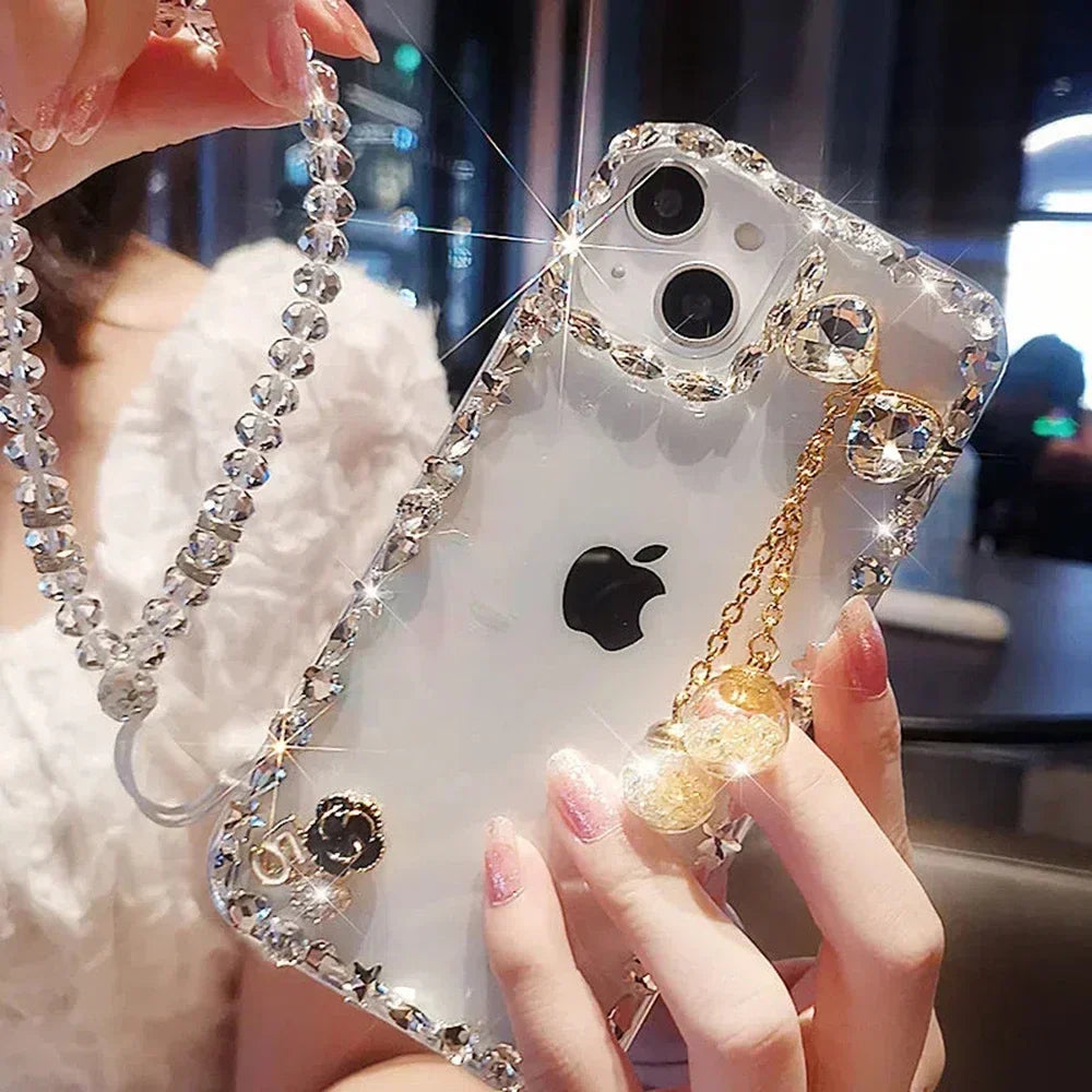 Transparent Case for iPhone16, 15, 14, 13, 12 17 Air Bowknot with Hand Chain, Camera Lens Frame, Glitter Diamond, Luxury