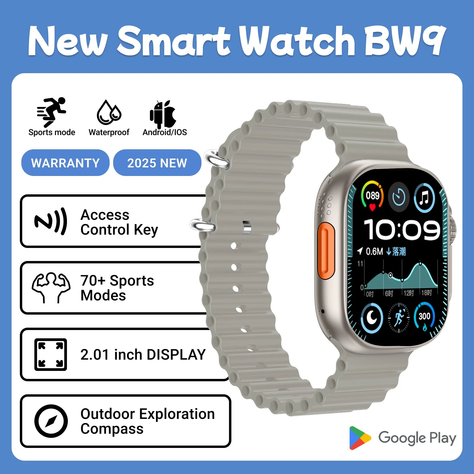 2025 BW9 Smartwatch SIM Card Bluetooth Calling 2.01-inch Screen Telescopic Camera Full Network Coverage Step Counting Recording