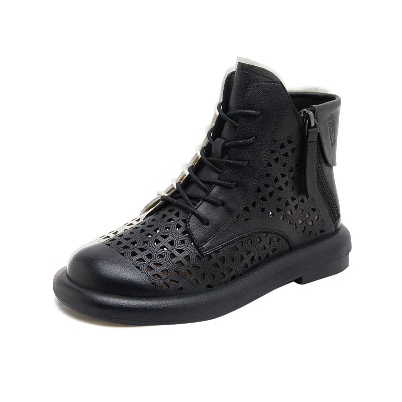 Leather Boots Woman 2025 Retro Leather Hollow Boots for Women Platform-soled Double-side Zipper Casual Short Boots Women's Shoes