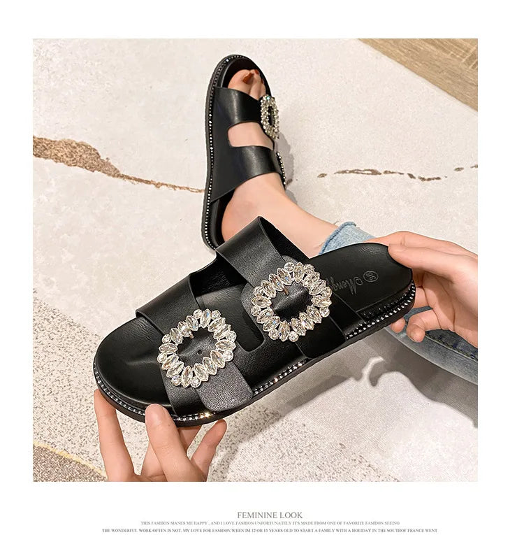 2025 Brand Rhinestone Buckle Sandals Women Double Band Slippers Crystal Shoes Ladies Casual Slides Slip On Flat Heels Flip Flops
