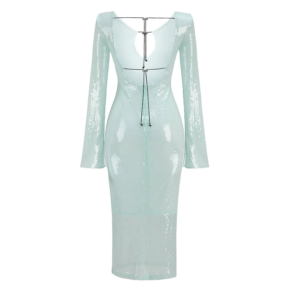 Luxury celebrity vacation photography nightclub evening gown sexy solid color sequin banquet long sleeved dress