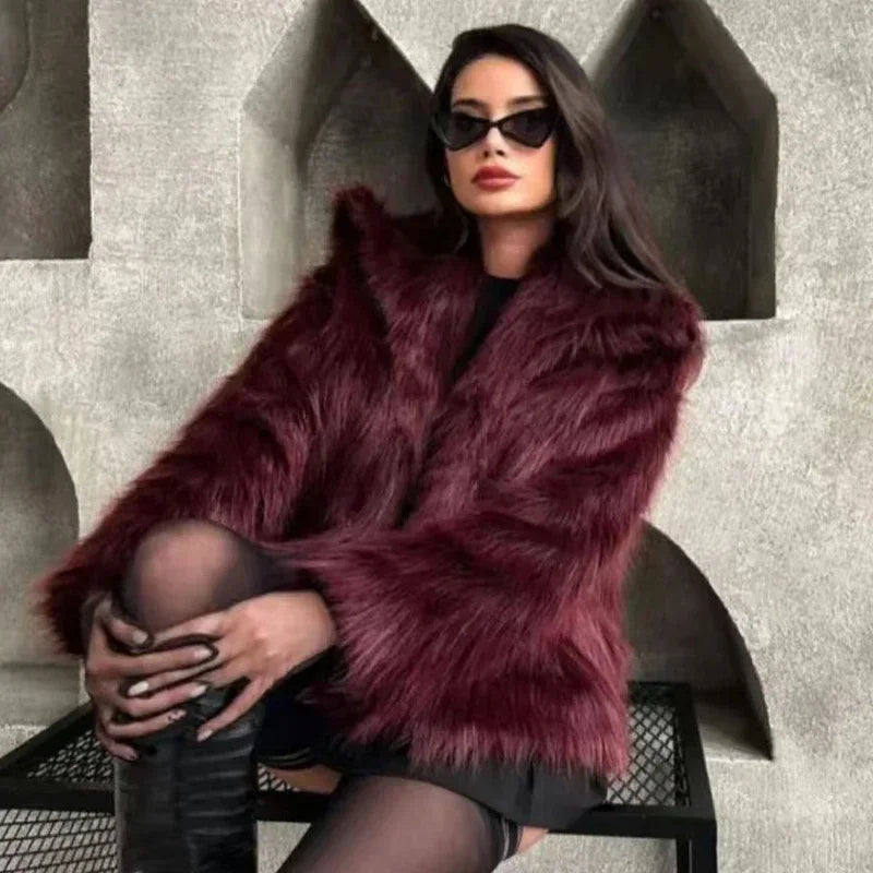 2025 New  Women's Fur Coat Women Plush Burgundy Bomber Jacket Solid Crop Long Sleeve Jacket Warm Winter Coats Woman Casual Coats