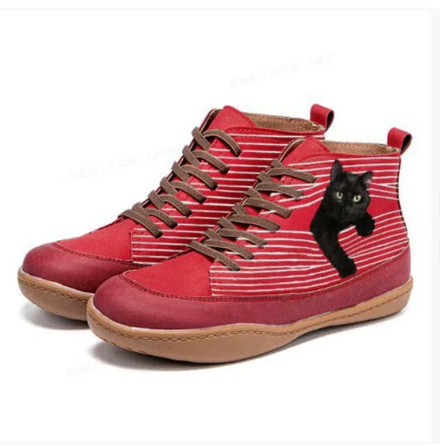 2025 European and American fashion women's mid-high boots comfortable big round toe short boots cat pattern print2025