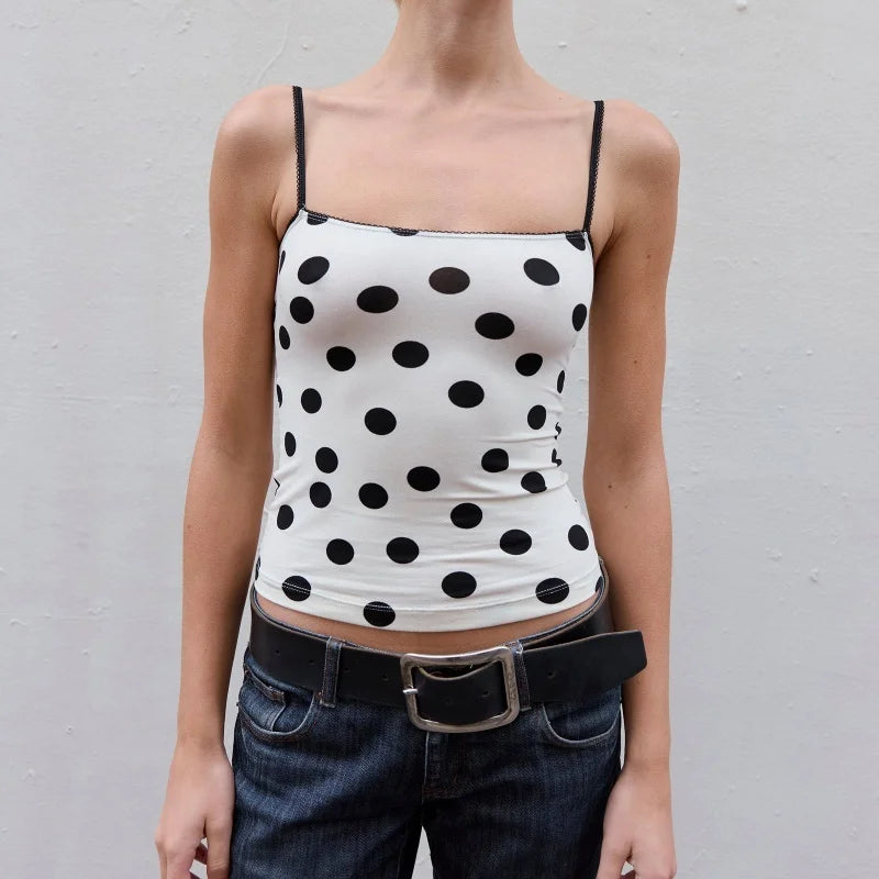 Xingqing y2k Crop Top Women Summer Polka Dot Print Lace Trim Square Collar Spaghetti Strap Sleeveless Camisole Vest Streetwear