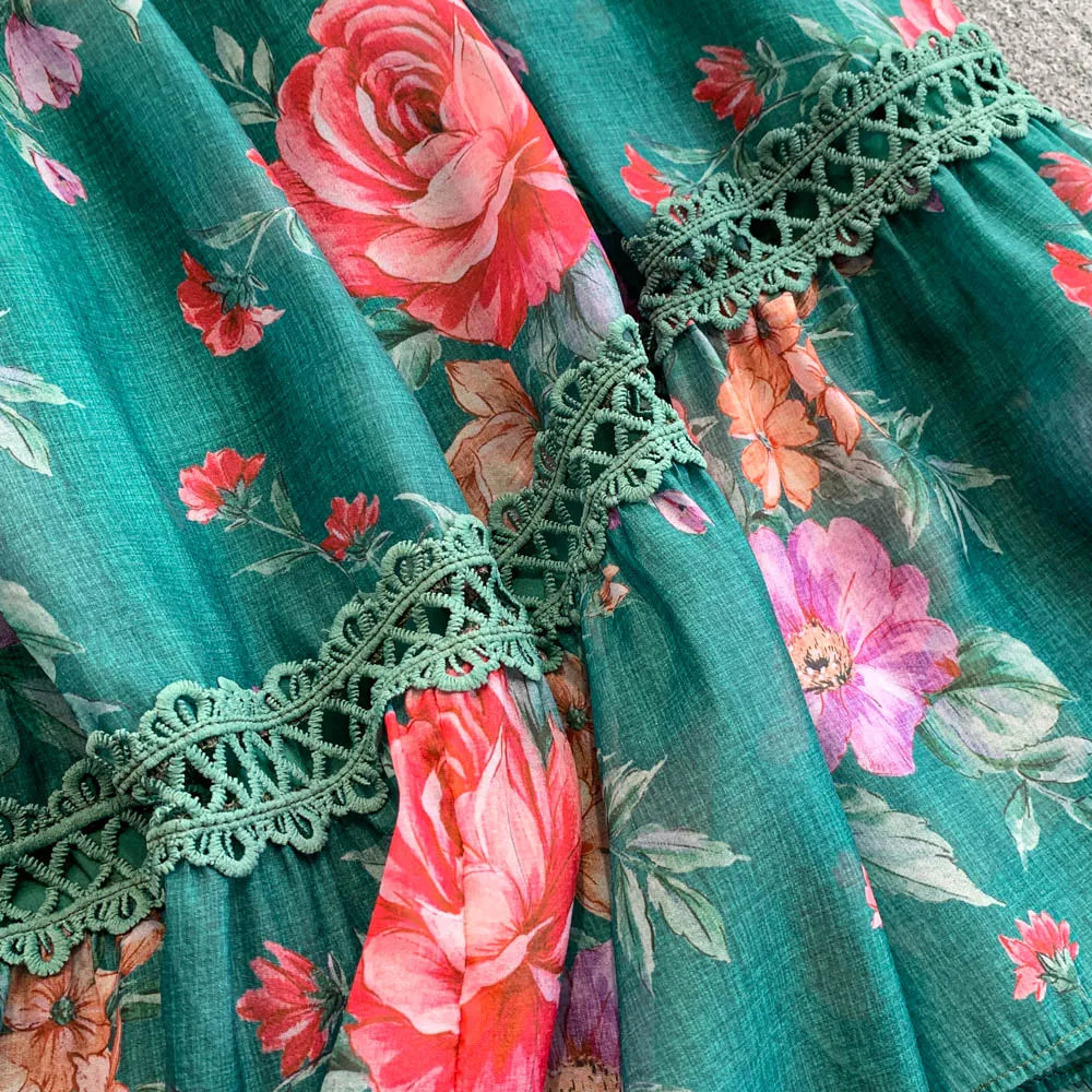 Ele Lace Splice Waist Cinching Long Dr Korean Sle Print Blouse Svel Midi Skirt High Waist A-Line Silhouette