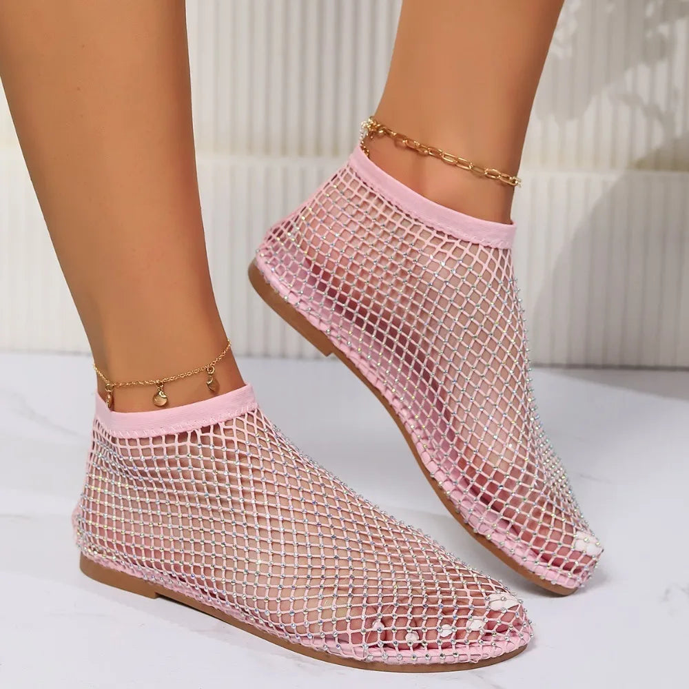Fashion Holiday Rhinestone Sandal Slipper Non-Slip Flat Shoes Mesh Seaside Sandals Shiny Waterproof Sexy Ankle Boot Summer