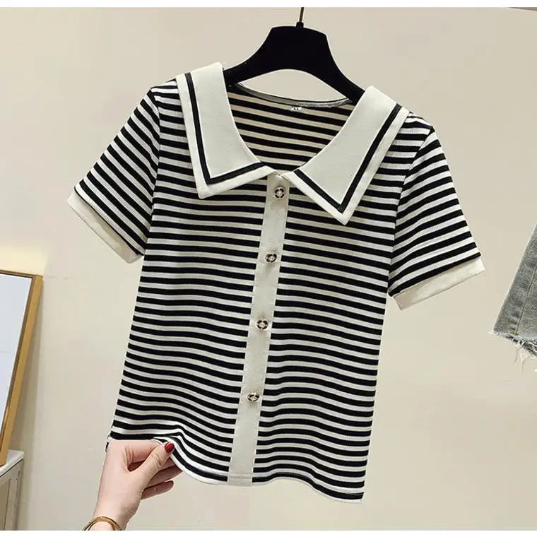 Summer Elegant Loose Polo-neck Knit Pullover Women Fashion Patchwork Button Short Sleeve T-shirt Office Lady Chic Tops 40-100Kg