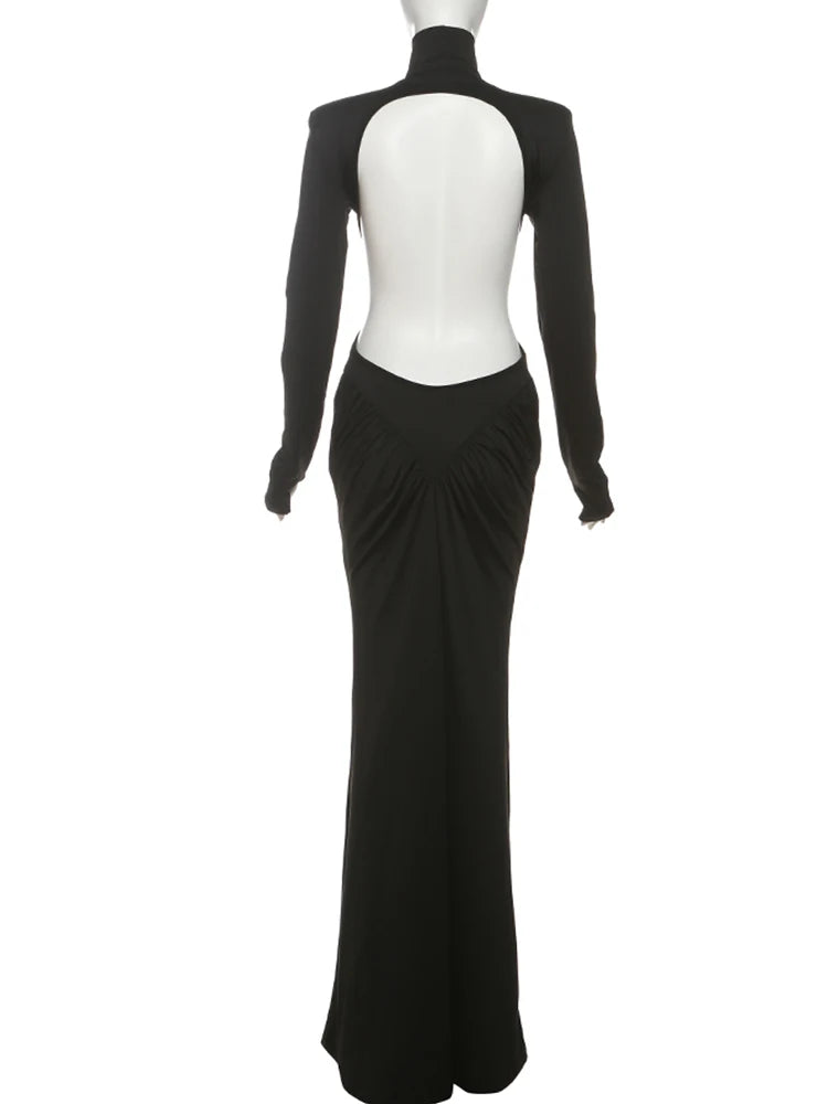 Cutenew High Street Women Maxi Dress Classic Sexy Backless Straight Shoulder Full Sleeve Ruched Bodycon Mujer Evening Vestidos