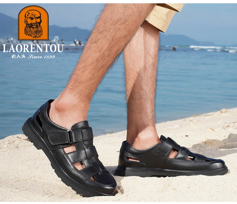 LAORENTOU leather sandals, men's breathable hollow hole shoes, toe wrapped cowhide, anti slip and wear-resistant casual  shoes