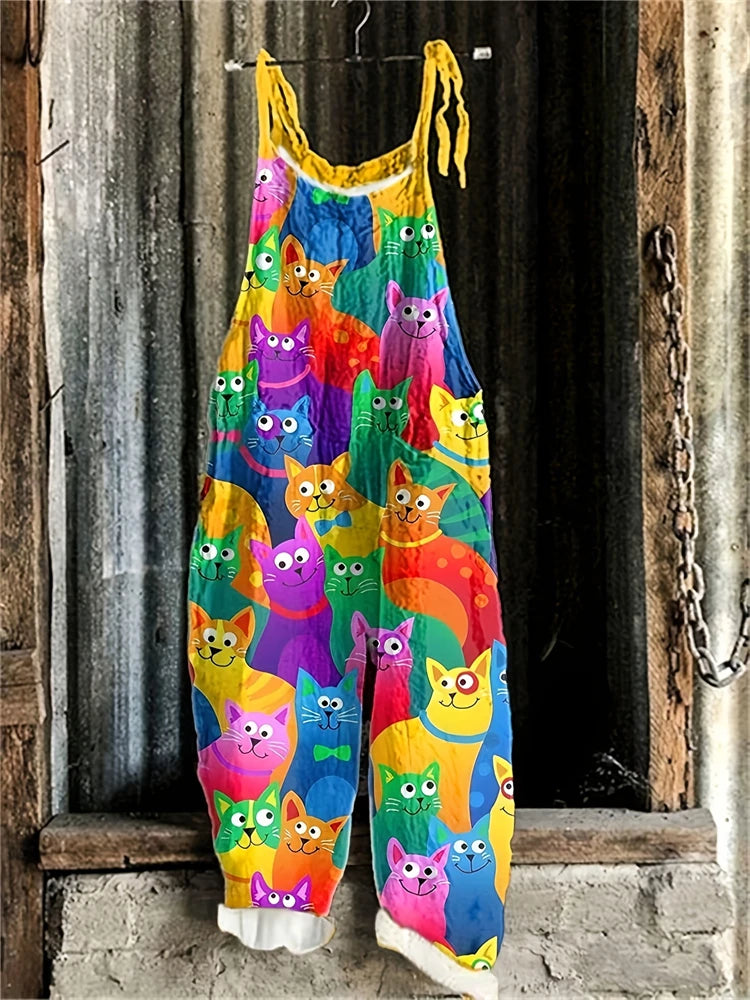 2025 New Spring And Summer Halter Jumpsuit Women's Fun Cat Print Pullover Halter Pants Casual Loose High Waist Jumpsuit