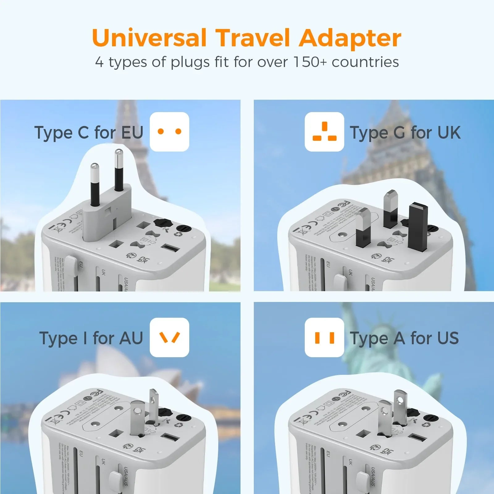 TESSAN Universal Worldwide All in One Charger Travel Power Plug Adapter with USB Type C Charging Ports for USA EU UK AU
