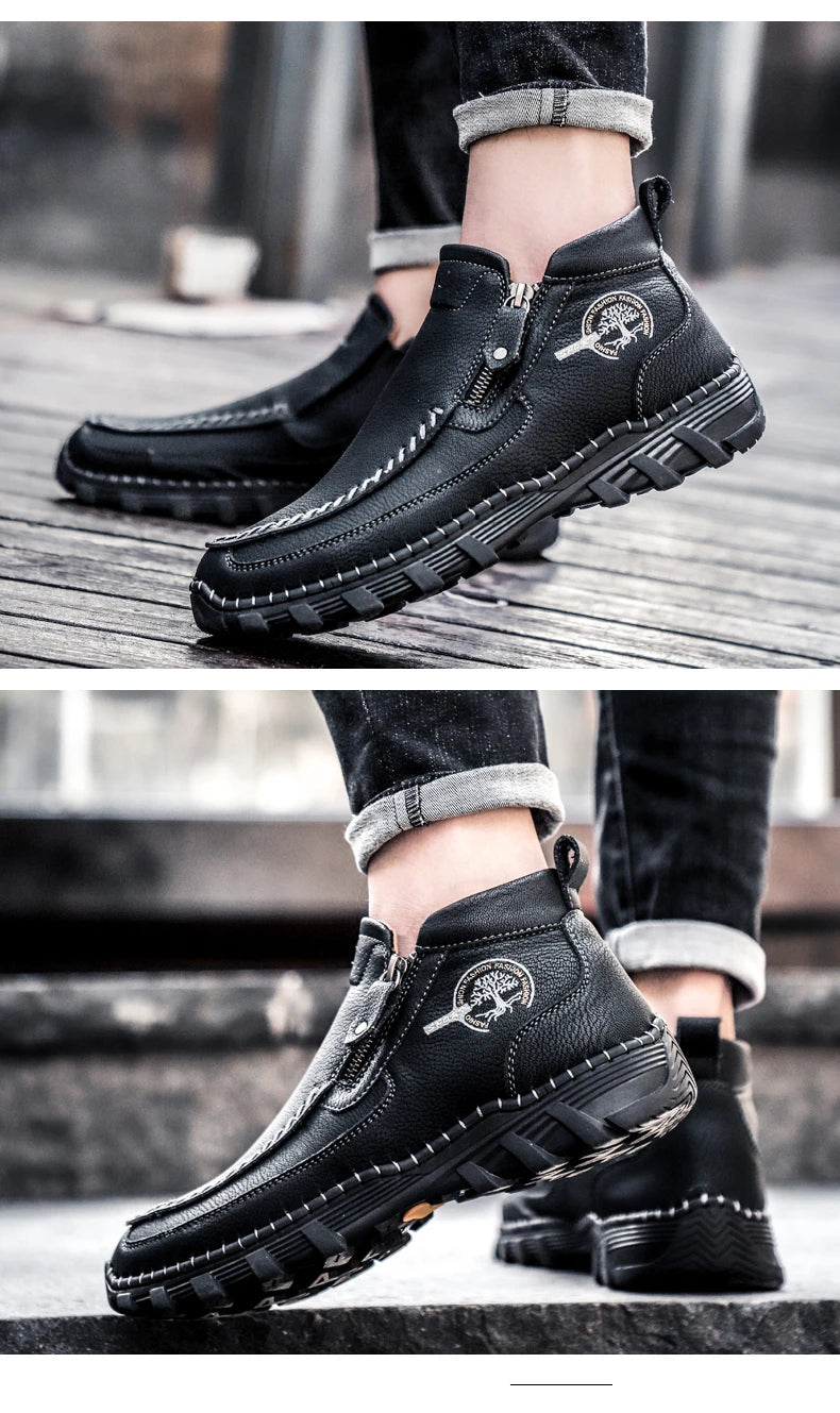 Men Boots Autumn Winter New Handmade High-top Casual Shoes Outdoor Non-slip Hiking Men Shoes Zipper Ankle Boots Plus Size 38-48