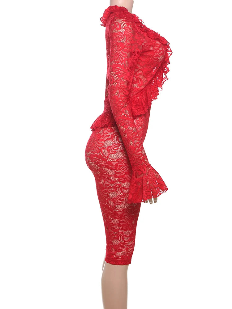 Weird Puss Jacquard Sexy Women 2 Piece Set Coquette Full Sleeve Ruffles Crop Tops+Bike Shorts Matching Clubwear Summer Outfits