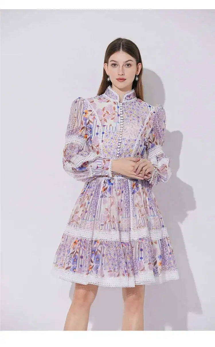 Elegant Long Sleeve Floral Short Dresses Shirt For Women Summer Autumn Holiday Hollow Out Printed Party Dress