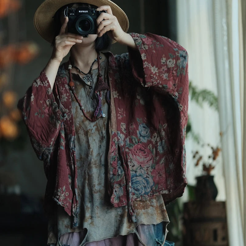 Oversized Women Casual Cotton Shirt New 2025 Spring Vintage Style Floral Print Loose Female Batwing Sleeve Tops Shirts M1391