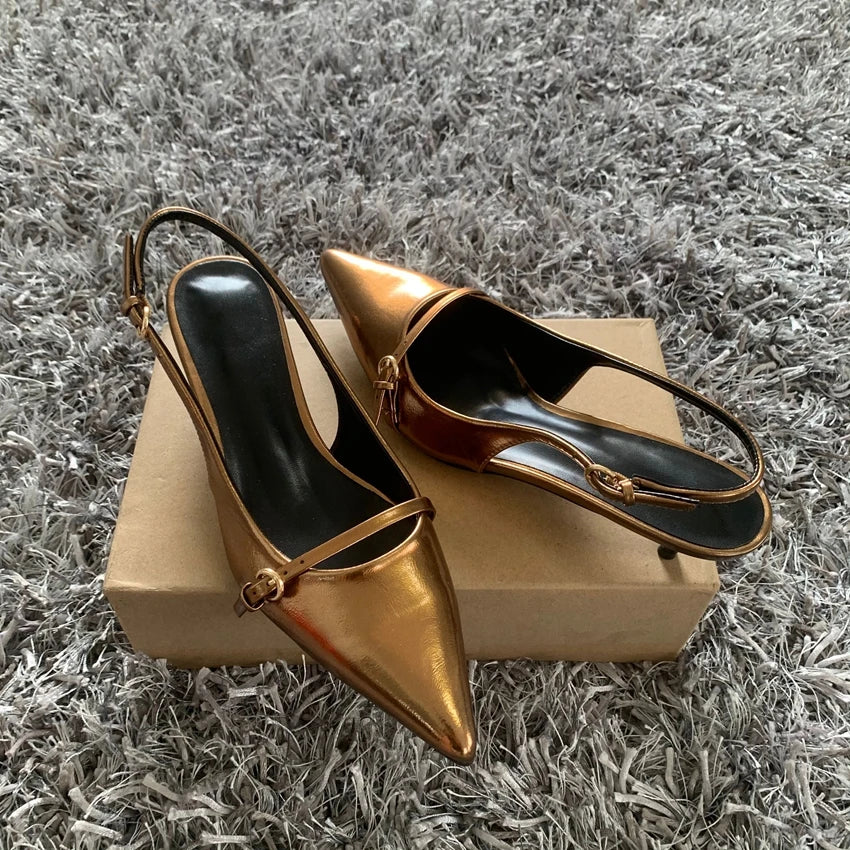 Pointed Toe Buckle Strap Ladies Sandals Gold Shallow Fashion Sexy Party Slingbacks 2025 Summer High Heeled Shoes Woman