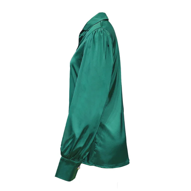 Satin Women's Shirt Elegant Black Lantern Sleeves Fashionable Casual Autumn And Winter Blouse Green Loose Silk Office Shirt For
