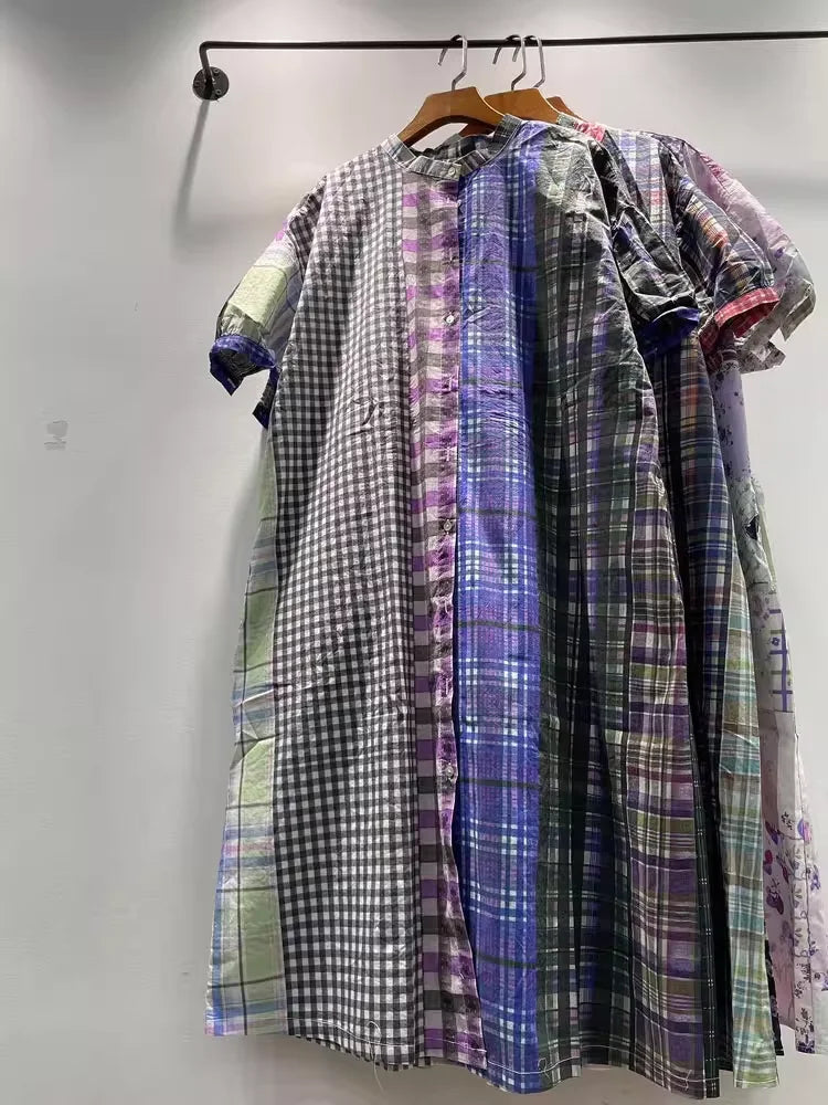 Women's plaid shirts casual 100% cotton long shirt dress for women Japan fashion short sleeve mid-length plaid patchwork shirt
