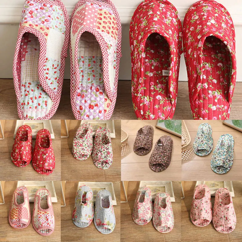 1 Pair Vintage Floral Home Slippers Spring Autumn Soft Cotton Toe Sole Slippers Women Flat Shoes Indoor Bedroom Slippers