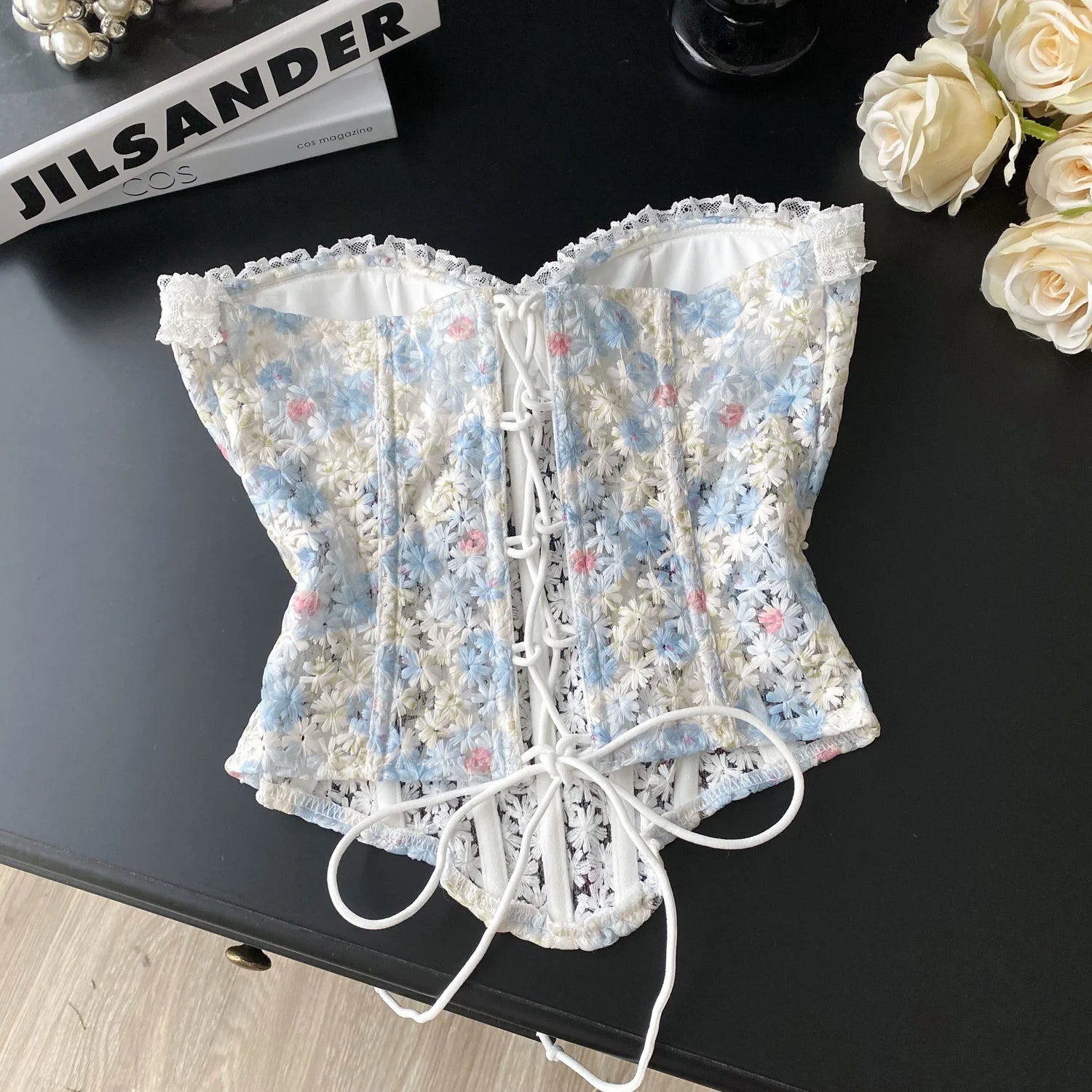 SINGREINY INS Strapless 3D Floral Camisole 2025 Summer Corset Slim Backless Tank Top Sheer Lace Up Holiday Sexy Embroidery Top