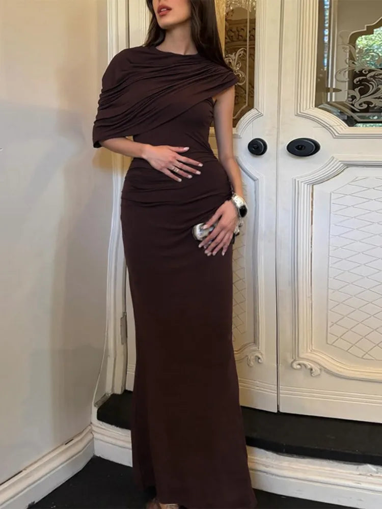 Mozision Irregular Ruched Sexy Maxi Dress For Women Elegant Autumn Inclined Shoulder Pleated Club Party Long Dresses Female