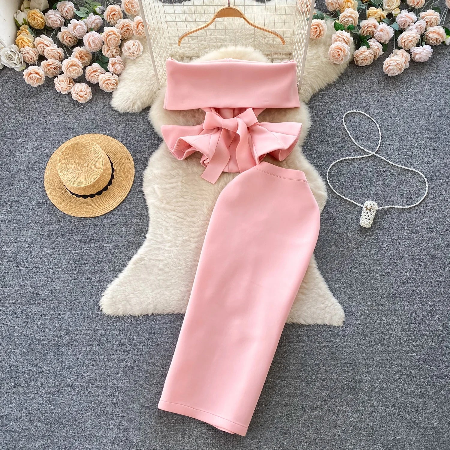 Sexy One-oulder Banded Waist Gown Set with Pleated Skirt Two-Piece Ensemble Courtly Sle Versatile Top f-length A-Line ...