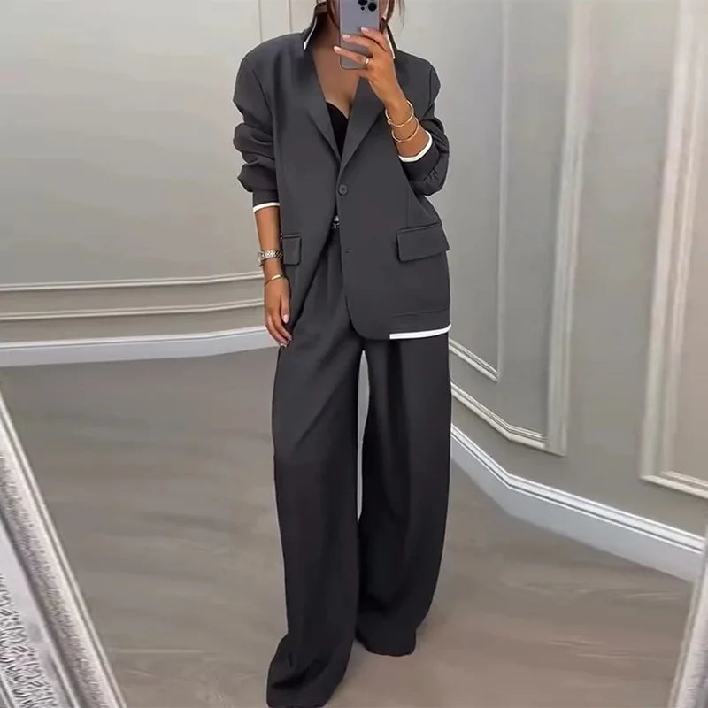 Autumn Winter Blazer Jacket Set Woman Elegant Single Button Lapel Cardigans & Wide Leg Trousers Suit Elegant Solid Office Outfit