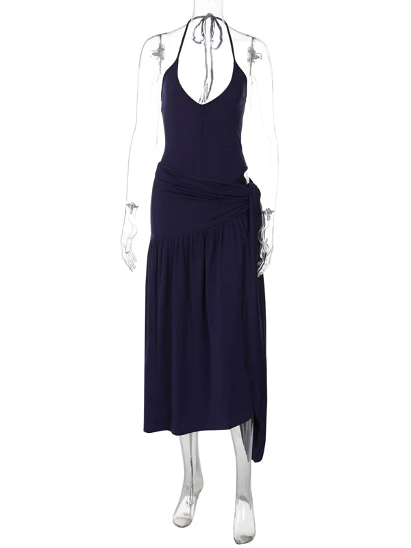 Women Sexy Cut Out Dress Sets Halter Deep V Neck Bodysuit and Tie Maxi Long Skirt Set 2025 Summer Two 2 Piece Vacation Outfits