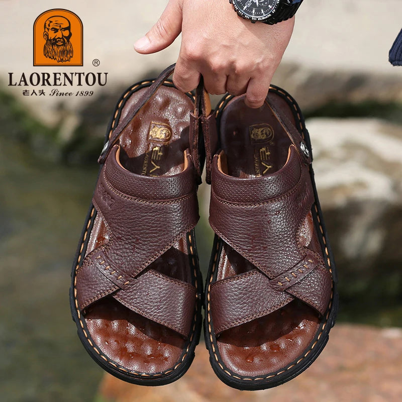 LAORENTOU cowhide breathable outdoor leisure beach shoes, anti slip thick sole leather sandals for external wear