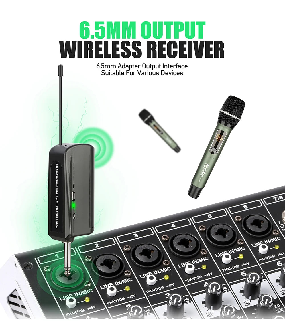 Rechargeable Battery Microphone 2 Channel UHF Wireless Microphone Dual Handheld Dynamic Adjust Frequency For Stage 200ft DL602