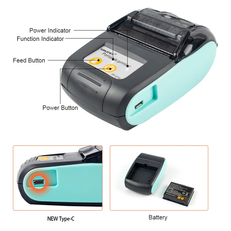 PT210 Mini Receipt Printer 58mm Portable Thermal Ticket Printer Android IOS Windows Wireless Bluetooth List Bill Maker With Plug