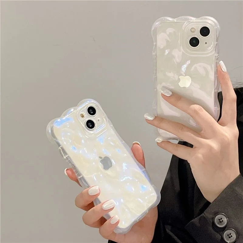 Transparent 3D Bubbles Shape Curly Shiny Phone Case For iPhone 17 Pro Air 15 16 Plus 14 13 12 Pro Max 11 Meteorite Wave Cover
