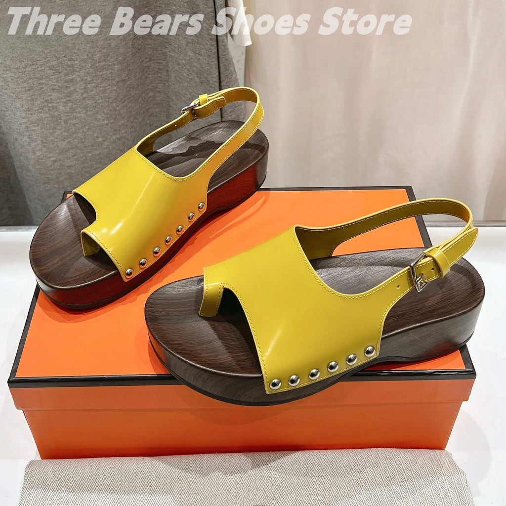 Concise Rivet Cow Leather Sewing Back Strap Flip Flops Woman Sandals Mixed Colors Open-Toes Platform Heels Zapatos Mujer 34-42