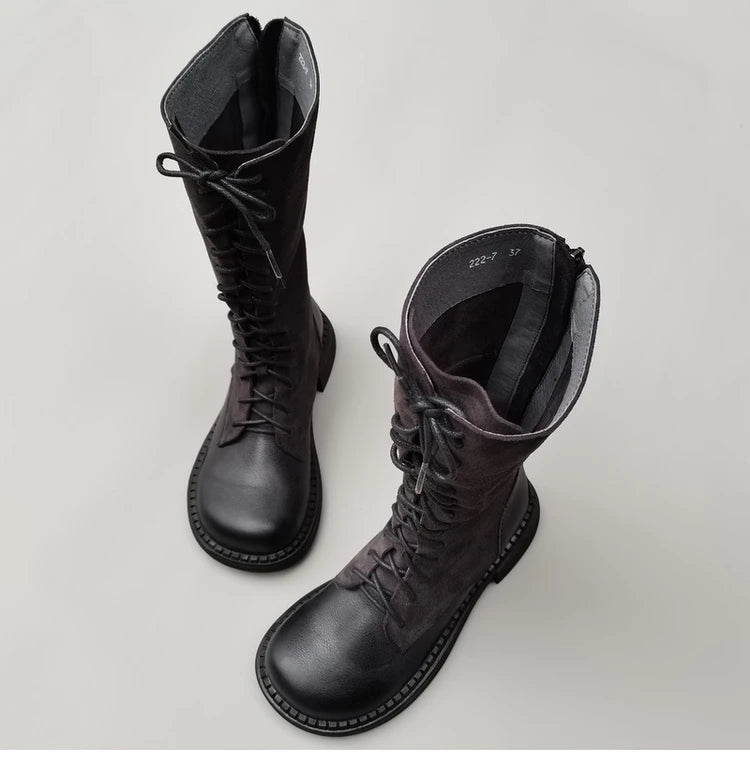 Autumn 2024 Shoes Long Noses Riding Boots Natural Leather Wide Toe Women's Boots Kne-High Cowhide Suede Single Lace-up booties